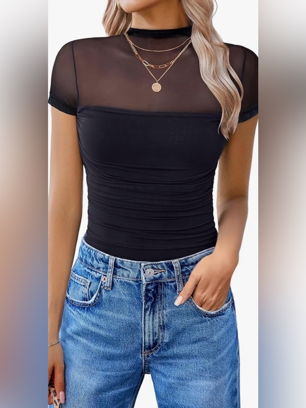 Avidlove Mock Neck
Mesh Bodysuit Ruched Tank Top Sheer One Piece